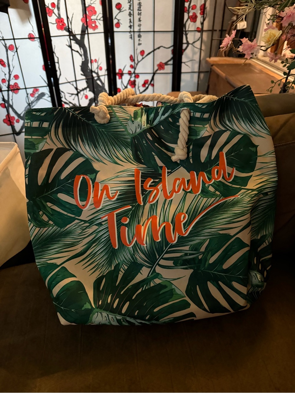 On Island Time Tropical Beach Tote - Green Palm Print